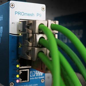 Der PROFINET Switch PROmesh P9 überwacht permanent Netzlast, Telegramme und sogar Ableitströme und dokumentiert sie für eine schnelle Fehlersuche. (Quelle: Indu-Sol)
