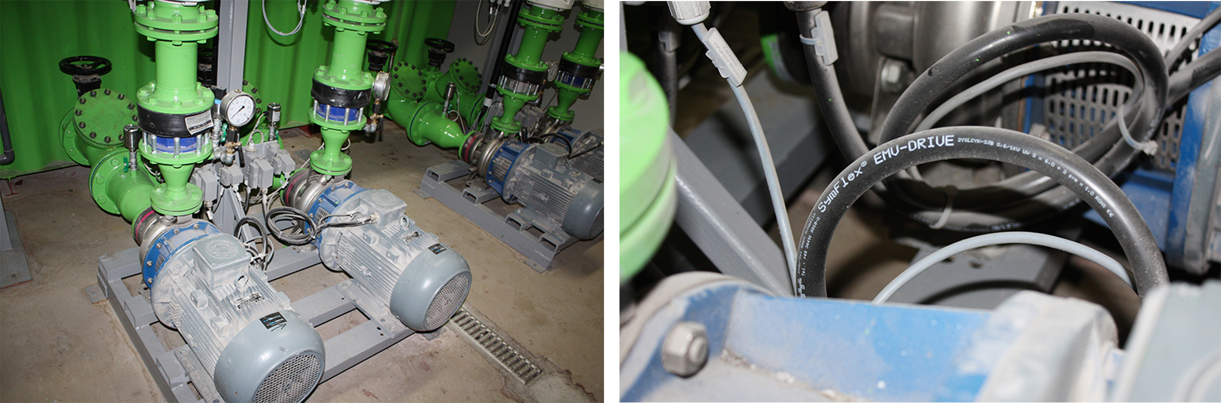 Die Pumpen im Kaltwasserbereich mit angeschlossenem symmetrischen Motorkabel SymFlex®. Der Anschluss und die Pumpe sind über einen Steckkontakt so geführt, dass die PE-Leiter eine durchgängige Verbindung bis hin ins Motorklemmbrett haben.
